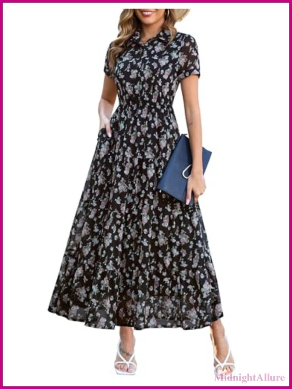Chiffon Floral Maxi Dress with Pockets, Collared V-Neck, Summer Boho